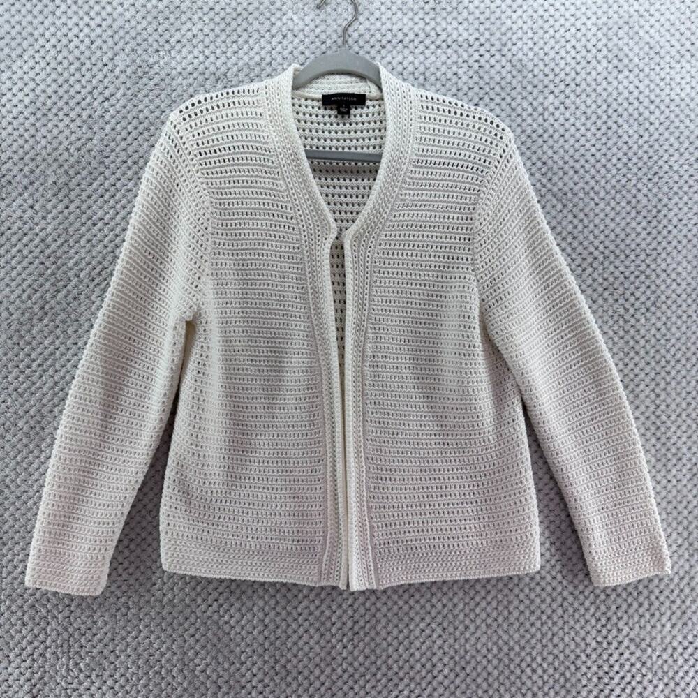 Talbots Sweater Womens S White Knit Open Front Cardigan Long Sleeves V-Neck